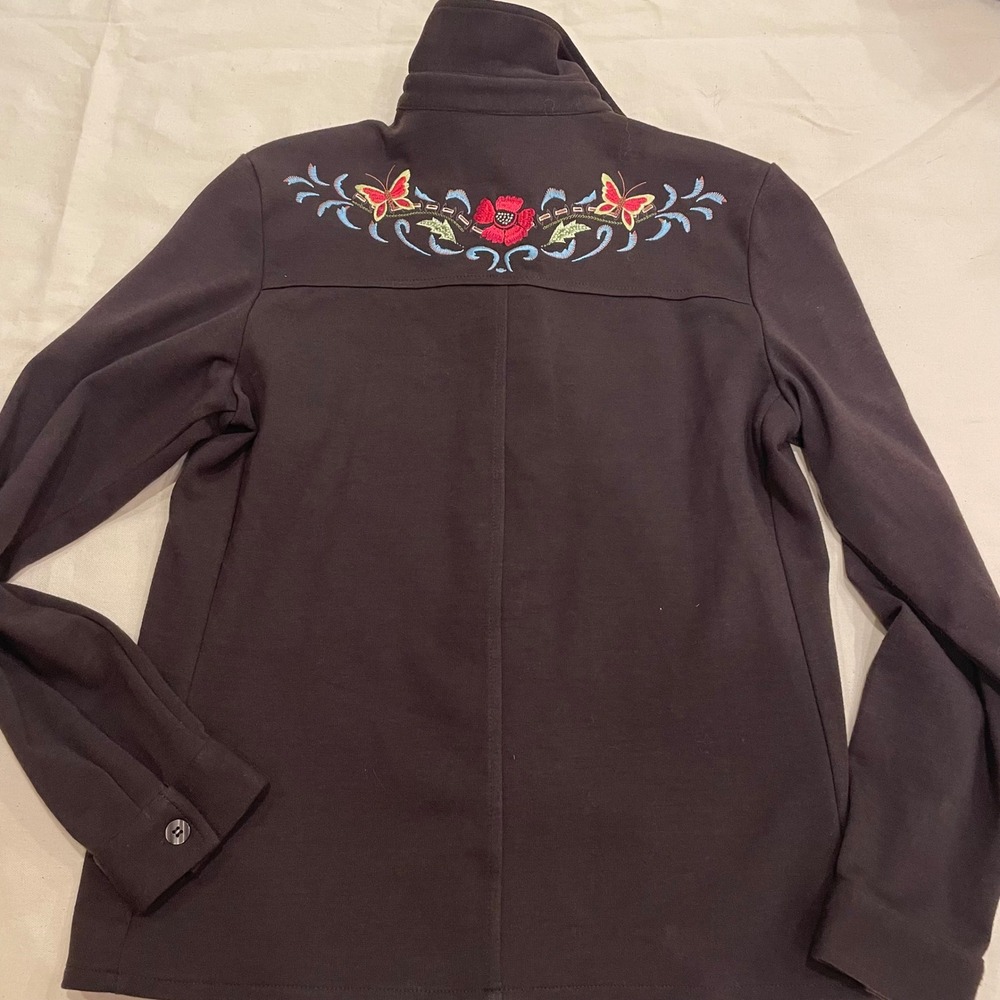 VTG Savvy‎ by DT Studio Brown Embroidered Butterfly Flower Button Shirt Womens M - Picture 7 of 8